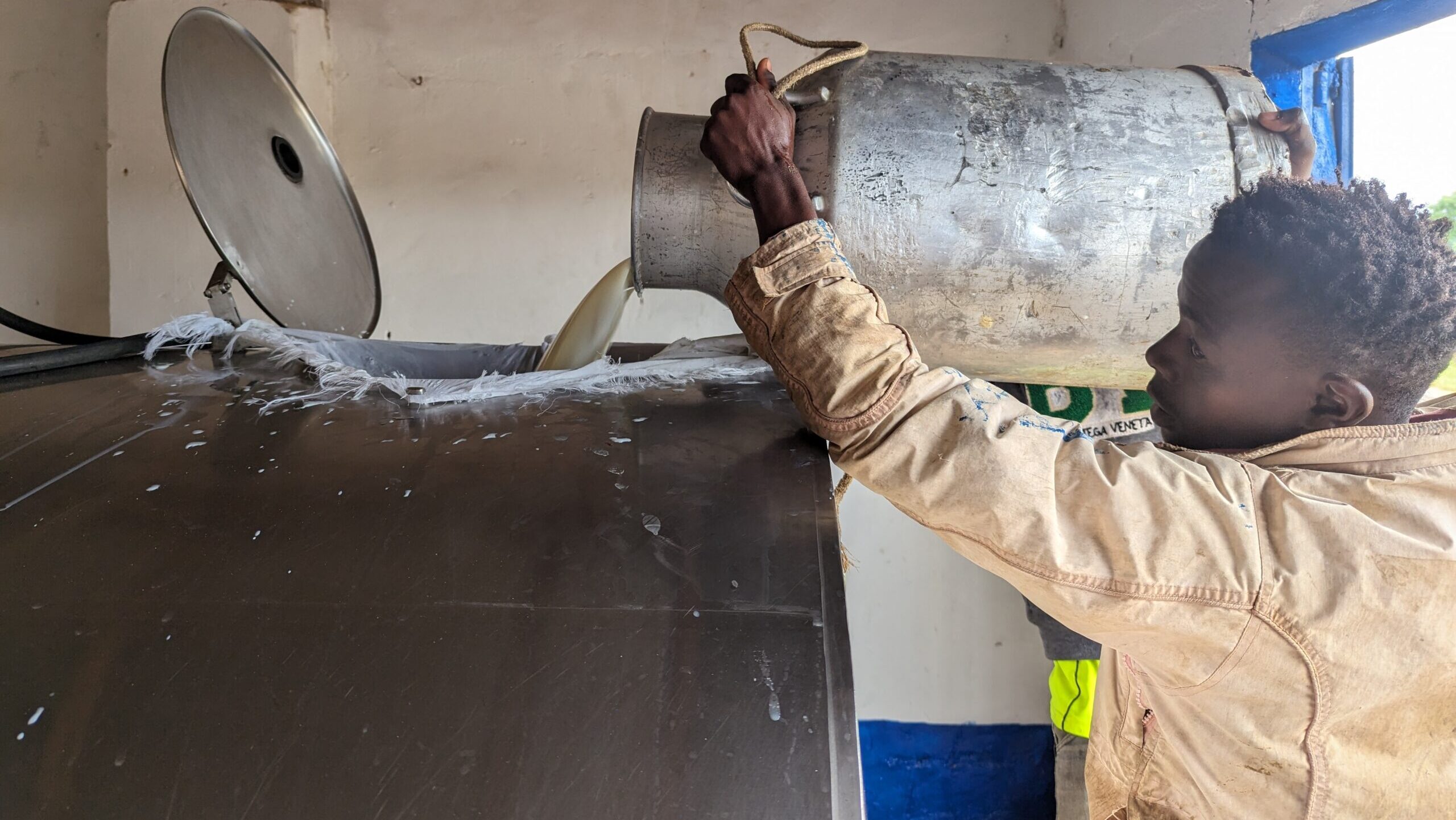 Man lifting jug, pouring milk into tank